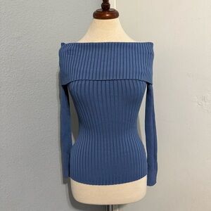 BCBGMaxAzria Blue Off-the-Shoulder Elegant Stretchy Sweater Size XXS